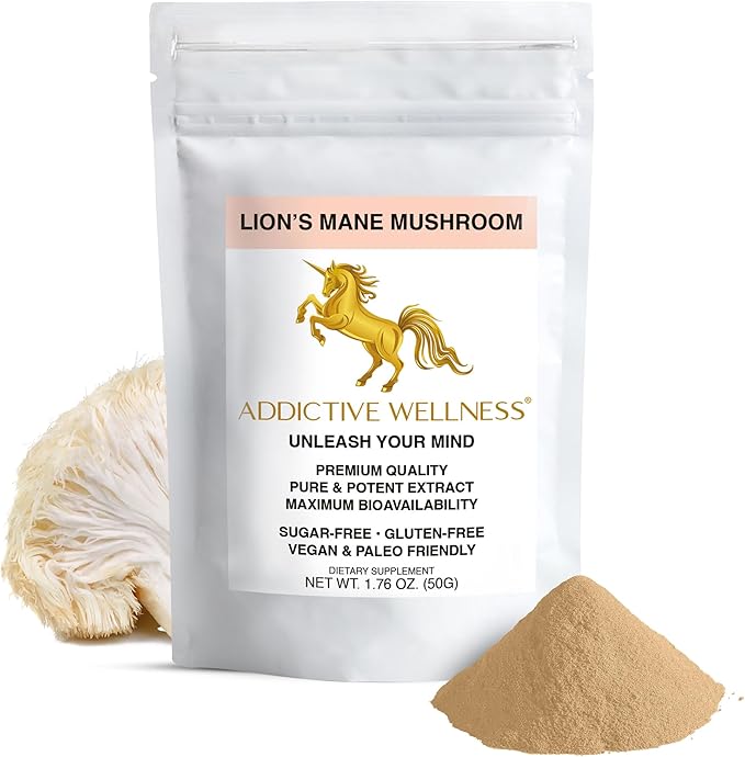 Addictive Wellness Lions Mane Supplement Powder, Premium Quality Lions Mane Mushroom Powder