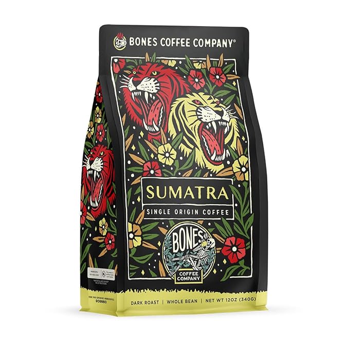 Bones Coffee Company Sumatra Single-Origin, Dark Chocolate, Smoky Earthy Notes, Whole Coffee Beans
