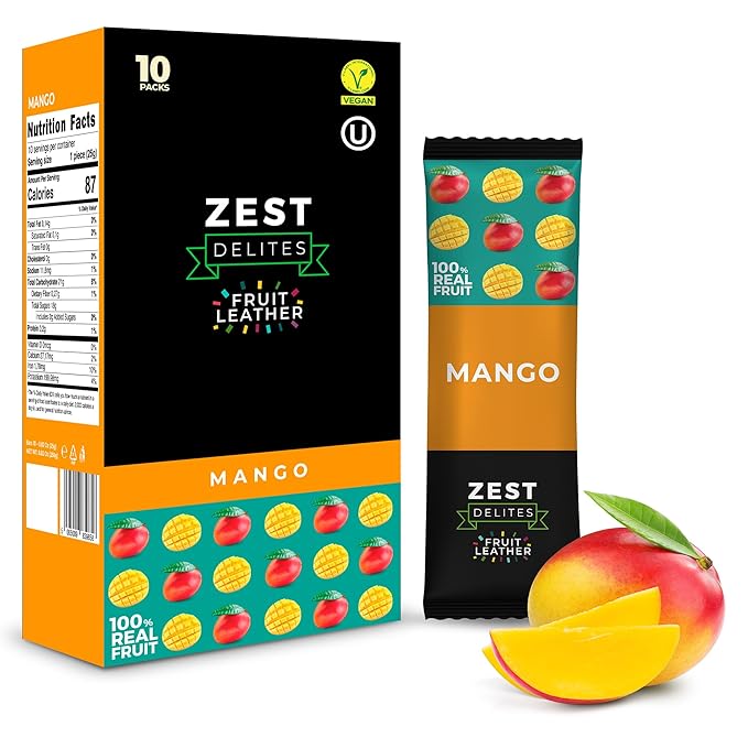 Fruit Snacks by Zest Delites, Fruit Leather, Dried Mango Bars, Healthy Snacks for Adults & Kids, No