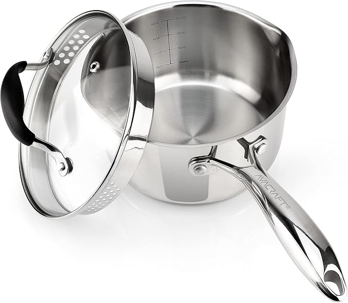 AVACRAFT Stainless Steel Saucepan with Glass Strainer Lid, Two Side Spouts for Easy Pour with