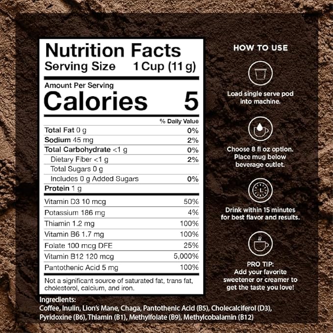 VitaCup Focus Mushroom Coffee Pods, Boost Focus & Immunity w/Lions Mane, Chaga, B Vitamins, D3 for