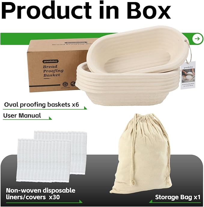 6x 12inch Oval Pulp Bread Proofing Basket Sourdough Banneton Bortform with 30pcs Liner Cover Bread