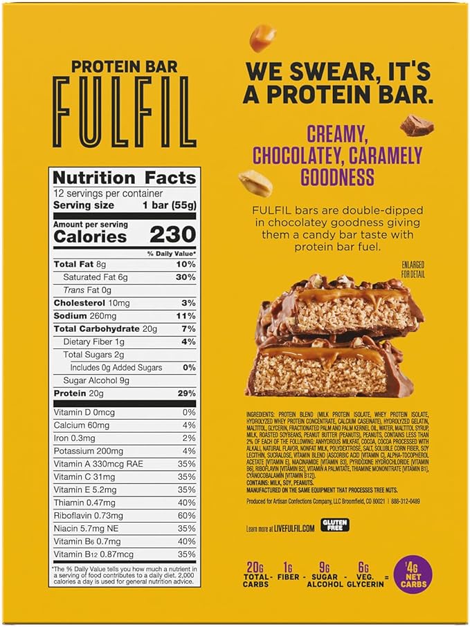 FULFIL Protein Bars, Chocolate Peanut Caramel Flavored, Gluten Free with 20g Protein, Pantry