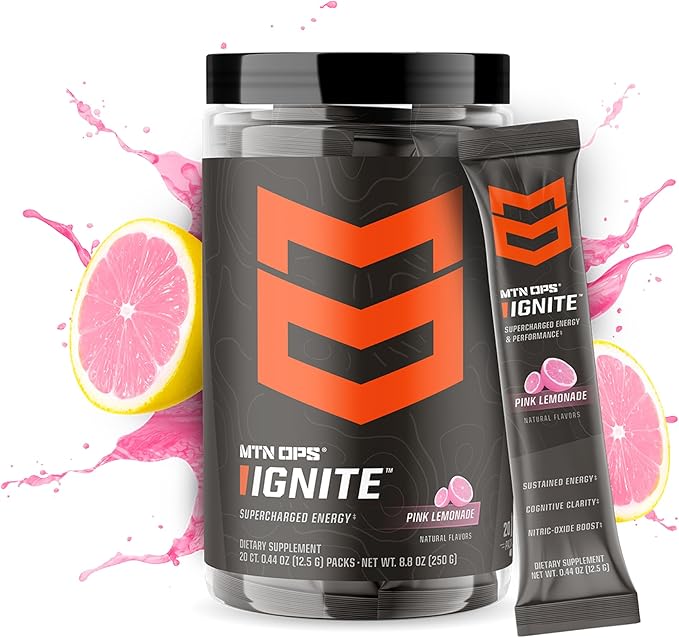 MTN OPS Ignite Trail Packs Energy Drink Powder, Gluten Free Nootropic Supplement Drink Mix, L