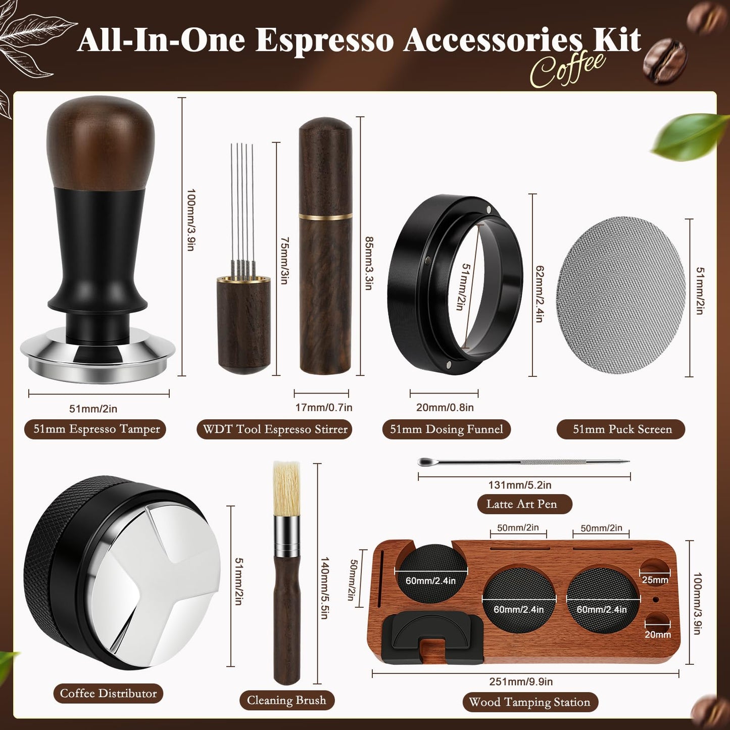 YUNGOO 8 PCS Espresso Accessories Kit, 51mm Espresso Tamper Kit Coffee Tamper Set with Coffee