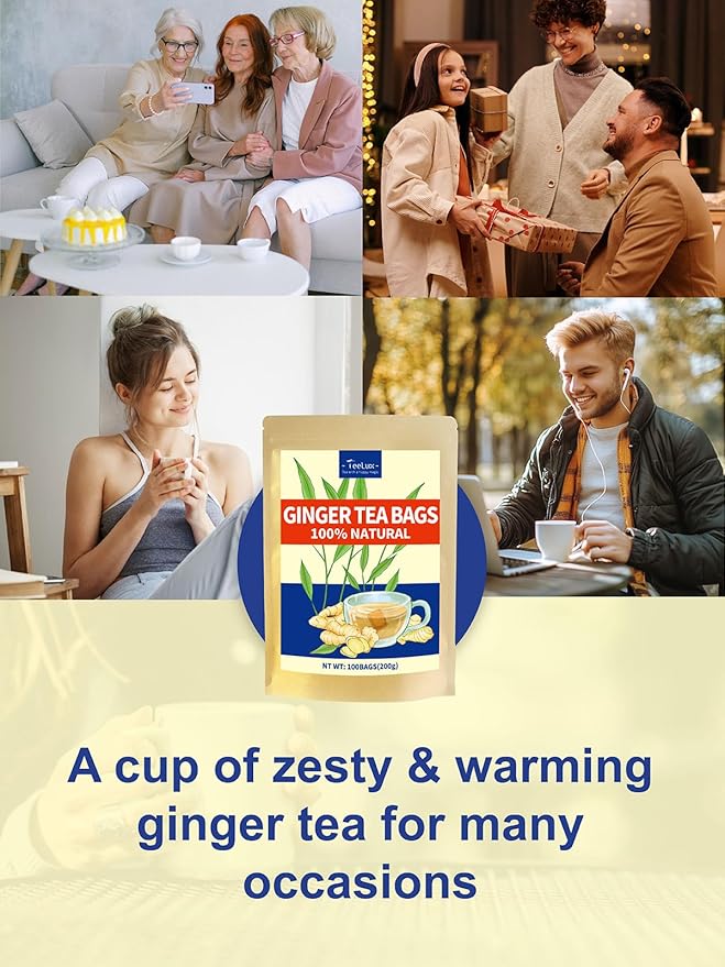 TeeLux Ginger Tea Bags, Natural Ginger Root Tea, Spicy & Zesty & Warm Flavor, Caffeine Free, 100