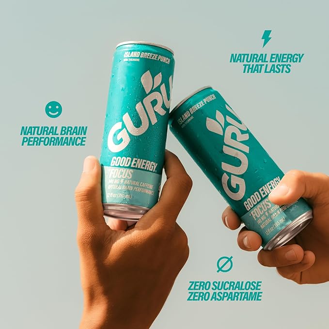 GURU Island Breeze Punch Organic Energy Drinks, Clean Energy Drink with Plant Based Natural