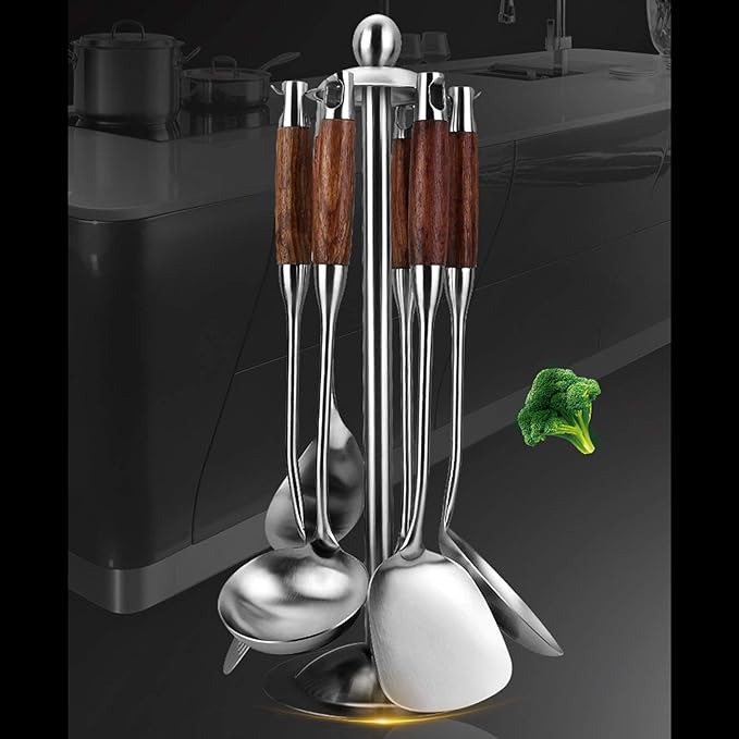 Cooking Utensils Set,7pcs 304 Stainless Steel Kitchen Utensils Set with Holder,Heat Resistant
