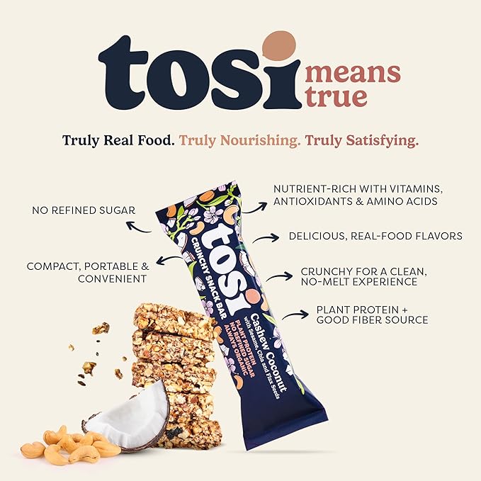 Tosi Cashew Coconut Protein Bars - Crunchy Nut & Seed Vegan Snack Bars, Gluten Free, 6g Plant Based