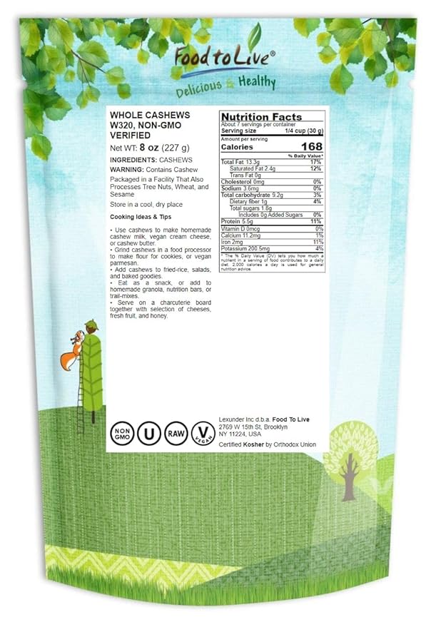 Food to Live Raw Cashews, 8 Ounces ??Deluxe Whole Nuts, Unsalted, Unroasted Fancy Snack, Size