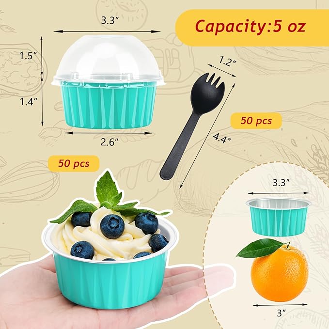 Disposable Ramekins with Lids 50 Pack,Free-Air 5oz Aluminum Foil Cupcake Cups Baking Tin,Mini