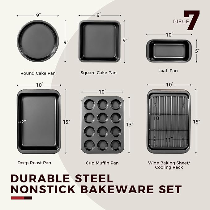 KITESSENSU Baking Pans Sets, Nonstick Bakeware Sets 7-Piece with Round/Square Cake Pan, Loaf Pan