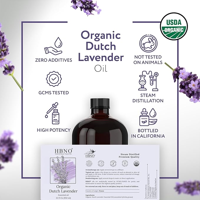 HBNO Organic Lavender Dutch Oil - 32 oz (950 ml) Large Size - Ideal for Shampoos, Conditioners