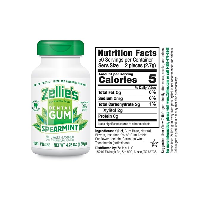 Zellie's | 100% Xylitol Spearmint Chewing Gum | No Aspartame, Gluten Free, Vegan & Kosher (100
