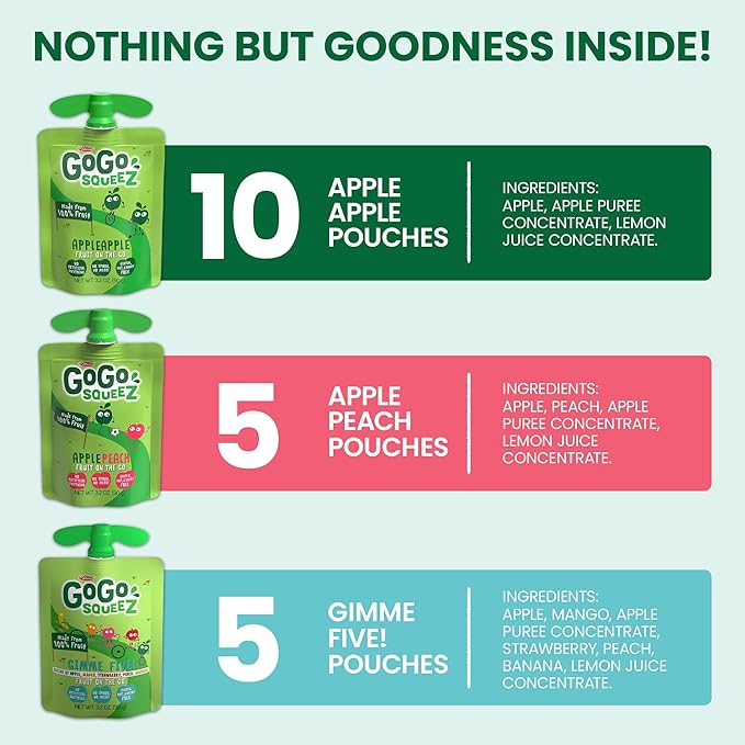 GoGo squeeZ Applesauce and Fruit Puree Variety Pack, Apple, Peach & Gimme Five!, 3.2 oz (Pack of
