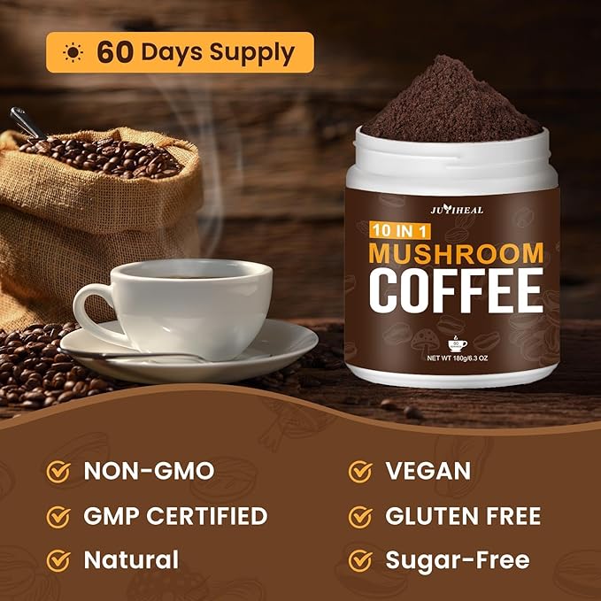 JUYIHEAL Mushroom Coffee, 10 in1 Mushroom Powder Coffee with Lions Mane, Chaga, Reishi, Cordyceps