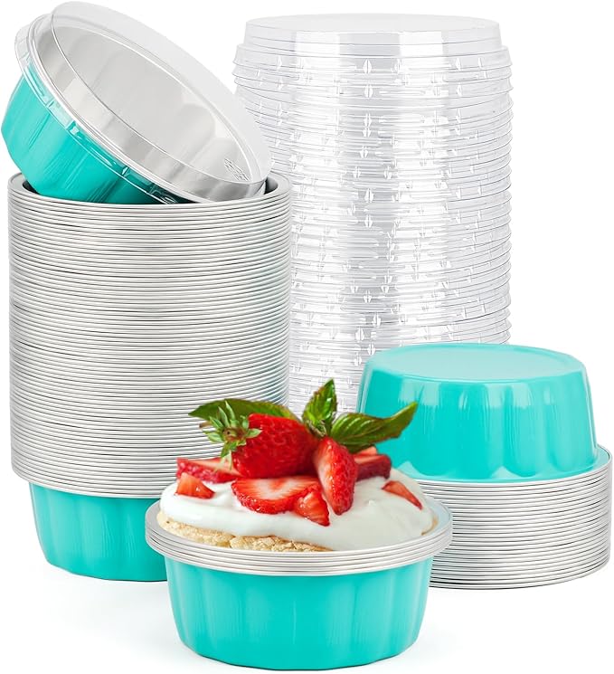Beasea Aluminum Foil Baking Cups with Lids, 8oz 100 Pack Disposable, Blue, Perfect for Wedding