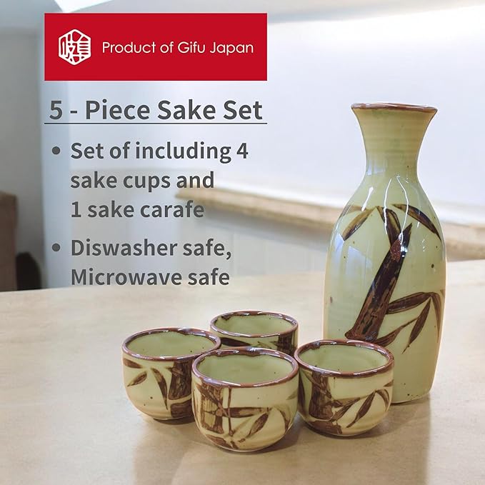 Product of Gifu Japan Japanese Sake Set, 1 Tokkuri Bottle Carafe and 4 Ochoko Cups Ceramic Sake