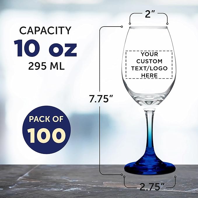Custom Rioja Wine Glasses with Stem 10 oz. Set of 100, Personalized Bulk Pack - Color Bottom