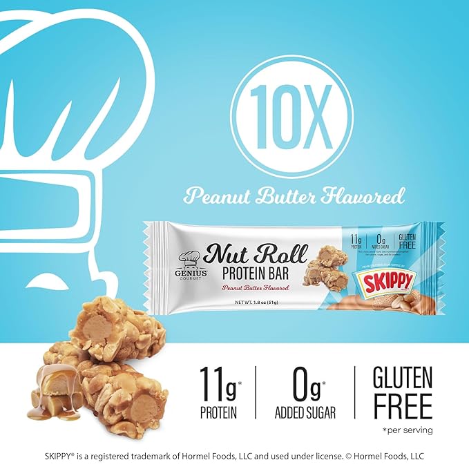 Genius Gourmet SKIPPY Peanut Butter Flavor Inspired Protein Nut Roll Bar,11g Protein per