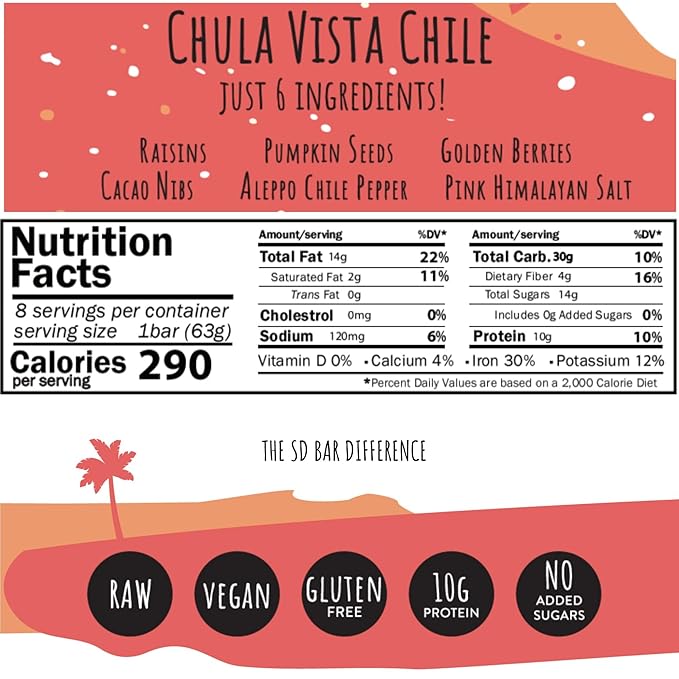 San Diego Bar-Chula Vista Chile | Chile Mild Heat | RAW & Vegan Protein Bars | Sugar-Free | Gluten