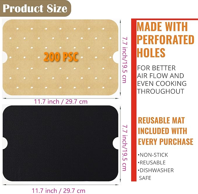 WMKGG Disposable Air Fryer Parchment Paper, 200 PCS Perforated Rectangular Air Fryer Liners for