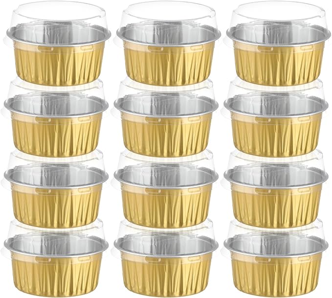 200Pack 5oz Gold Mini Cake Pans with Lids and Spoons Baking Cups Aluminum Foil Tins, Individual