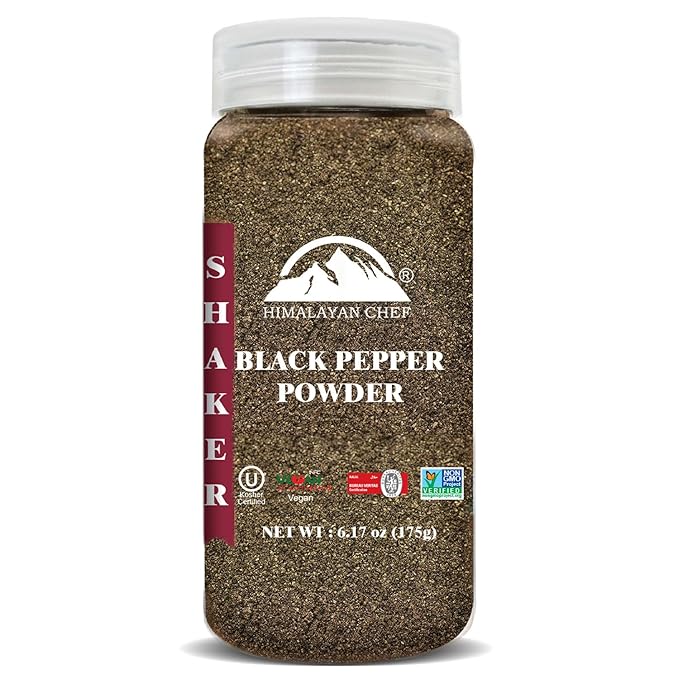 Himalayan Chef Organic Black Pepper Powder Shaker - 6.17Oz (175g), Free from Artificial Colors &