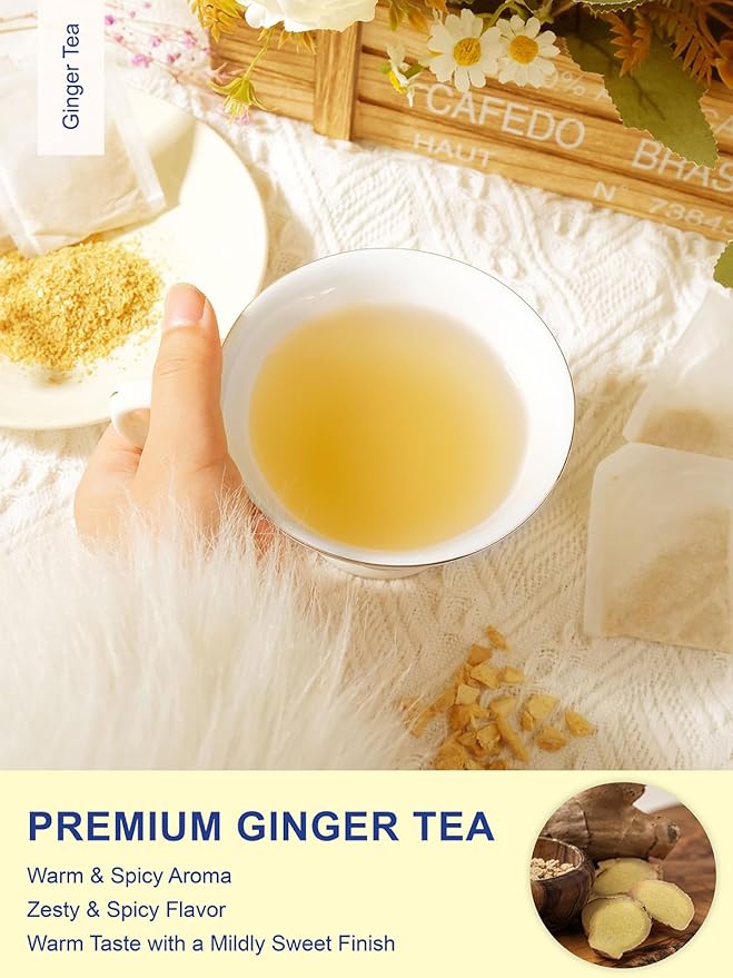 TeeLux Ginger Tea Bags, Natural Ginger Root Tea, Spicy & Zesty & Warm Flavor, Caffeine Free, 100