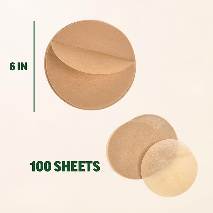 Zenlogy 6 Inch Parchment Paper Rounds (100 Sheets) - Unbleached, Pre-cut, High Heat, Round Liners