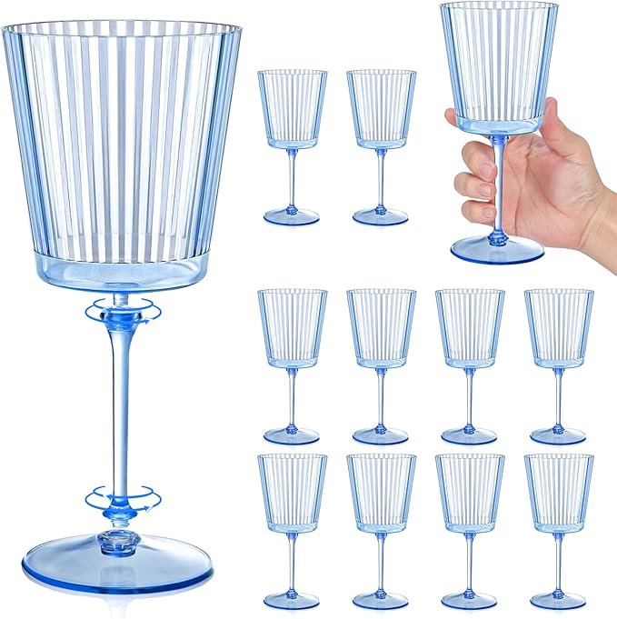 12 PCS Blue Ribbed Plastic Wine Glasses 13.5 OZ Ribbed Wine Glasses Detachable Wine Glass Elegant