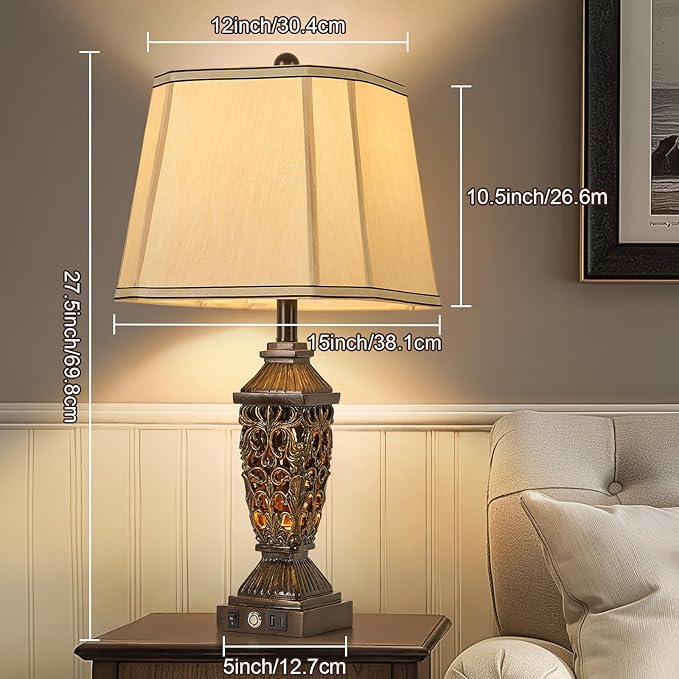 AIDENOEY 27.5“ Farmhouses Table Lamp with USB & USB-C Charging Ports, 3-Color Dimmable & Stepless
