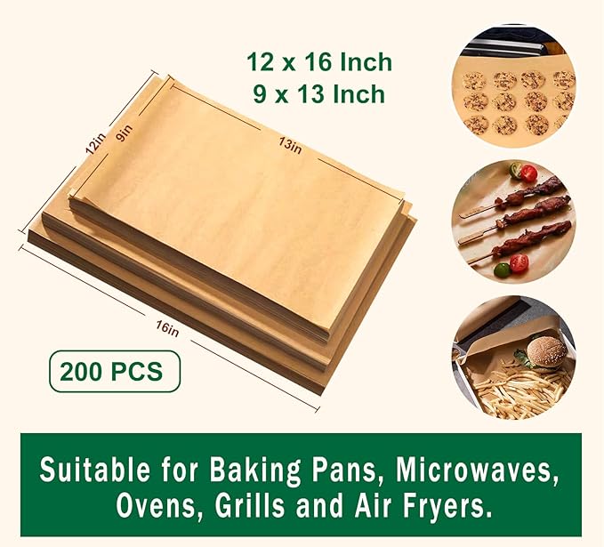 200pcs Unbleached Parchment Paper Sheets, 9x13In Precut Cooking Paper Liners for Baking Sheets, Air