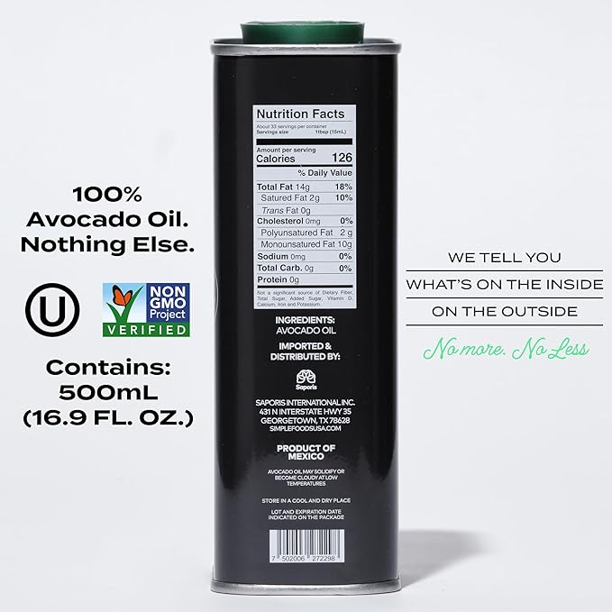 Simple Foods Avocado Oil - 100% Pure, Non-GMO, High Smoke Point, Mild Flavor 16.9 oz