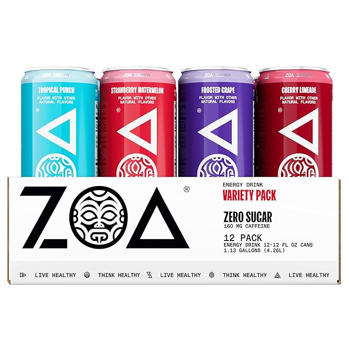 ZOA Zero Sugar Energy Drinks, Variety Pack - Sugar Free with Electrolytes, Healthy Vitamin C, Amino