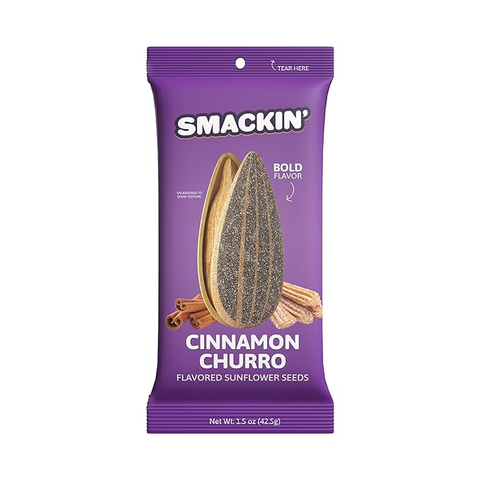 SMACKIN' Sunflower Seeds, Roasted Jumbo Small-Batch, American Made - Cinnamon Churro. 1.5oz bags