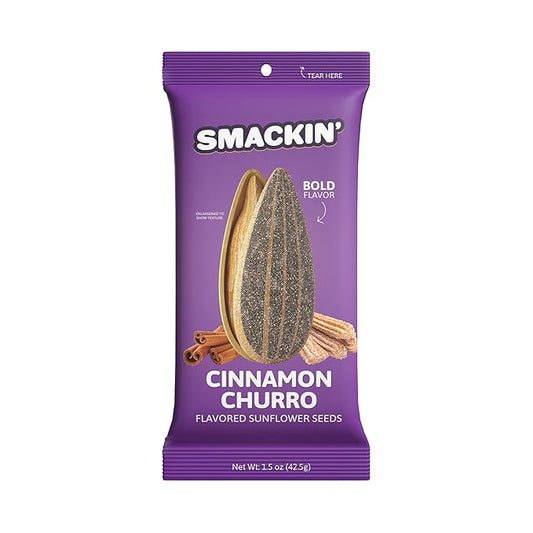 SMACKIN' Sunflower Seeds, Roasted Jumbo Small-Batch, American Made - Cinnamon Churro. 1.5oz bags