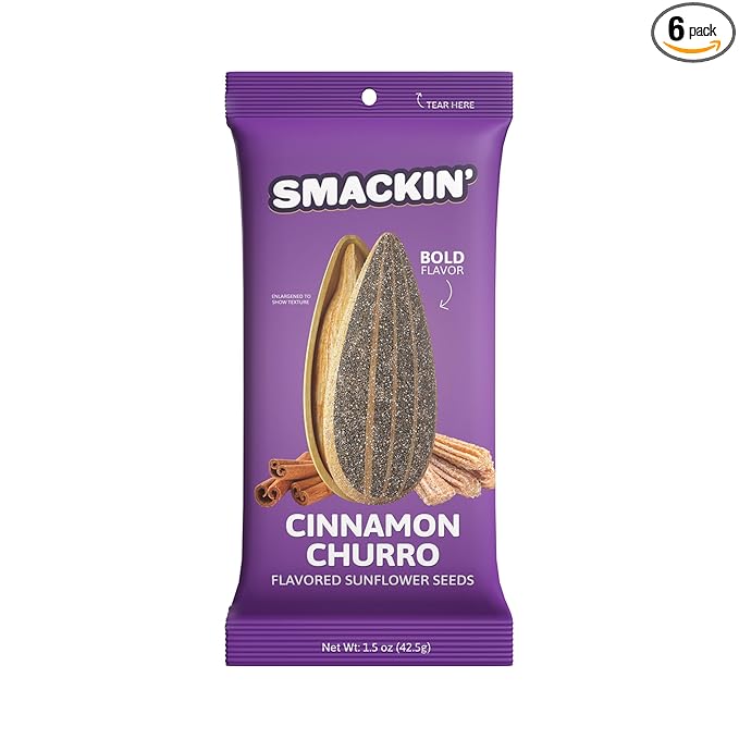SMACKIN' Sunflower Seeds, Roasted Jumbo Small-Batch, American Made - Cinnamon Churro. 1.5oz bags (6