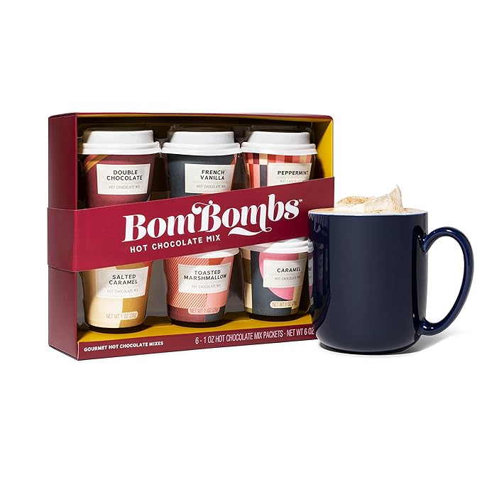 Bombombs Hot Chocolate Mix Gift Set in Mini Cup Packaging, Flavors Include Double Chocolate, French