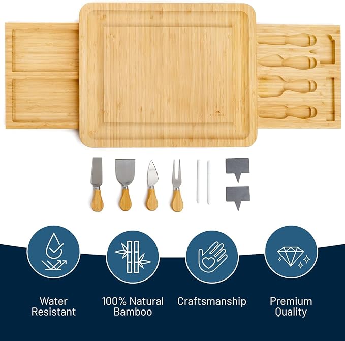 RoyalHouse Unique Bamboo Cheese Board and Knife Set with 2 Slide-Out Cutlery Drawers - Charcuterie