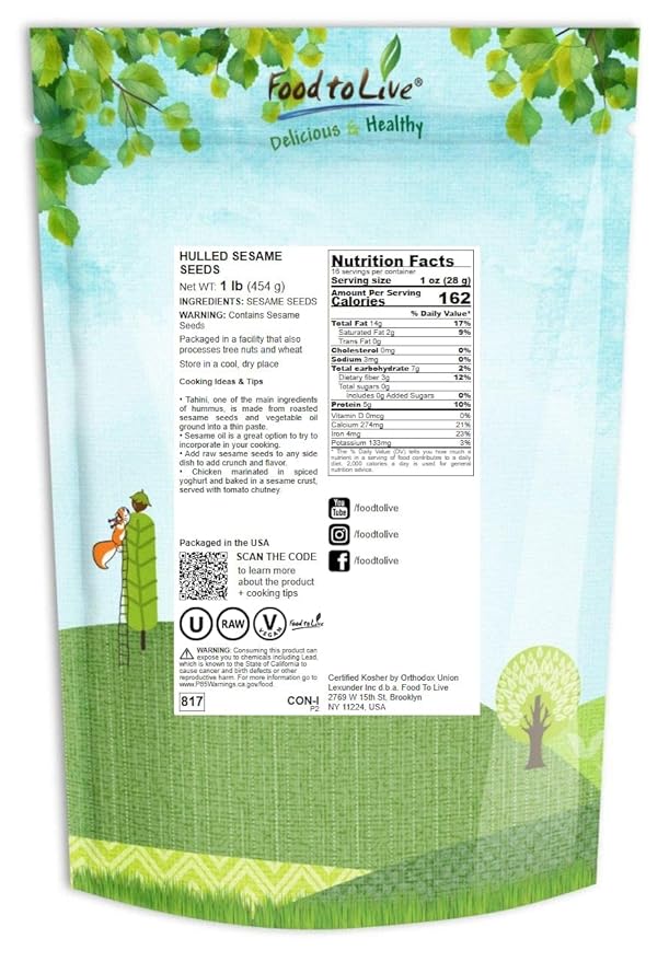 Hulled Sesame Seeds, 1 Pound — Non-GMO Verified, Whole Raw White Sesame Seeds, Kosher and Vegan