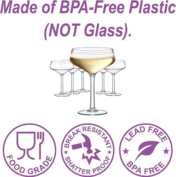 Amazing Abby - Courtney - 12-Ounce Plastic Coupe Glasses (Set of 6), Martini Glasses, Champagne