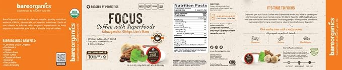 BareOrganics Focus Coffee Pods With Superfoods & Probiotics | Compatible | USDA Certified Organic