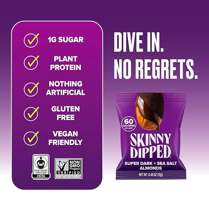 SkinnyDipped Super Dark Chocolate + Sea Salt Almonds, Vegan, Healthy Snack, Plant Protein, Gluten