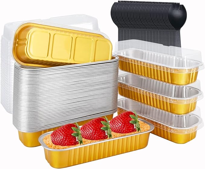 LNYZQUS Disposable Foil Mini Pans with Lids 50 Pack, 6.8oz 6.5"x2.5"x1.2" Aluminum Small Loaf