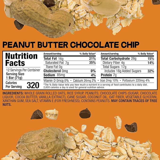 Bobo's Oatmeal Bars, Peanut Butter Chocolate Chip, Gluten Free Vegan Whole Grain Oat Bars, Pack of