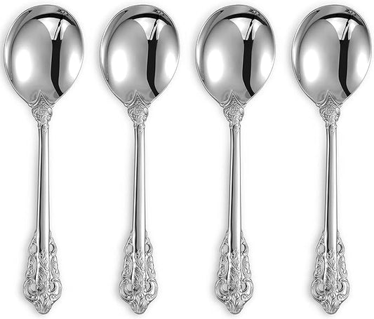 KEAWELL Gorgeous Round Soup Spoon, Set of 4, 18/10 Stainless Steel, Luxury Bouillon Spoon