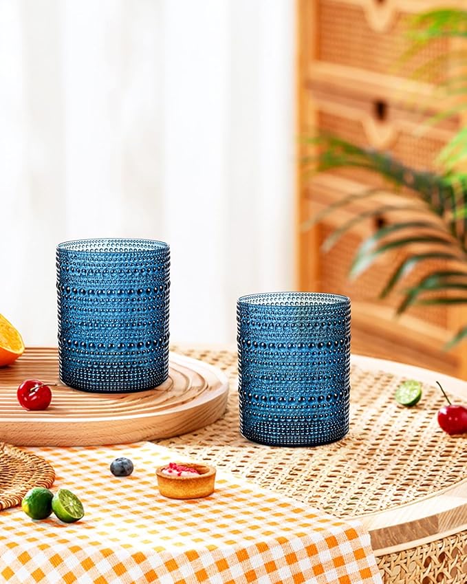 YOUBET 24PCS Plastic Drinking Glasses - 14OZ Blue Hobnail Drinkware Glasses - Vintage Glassware