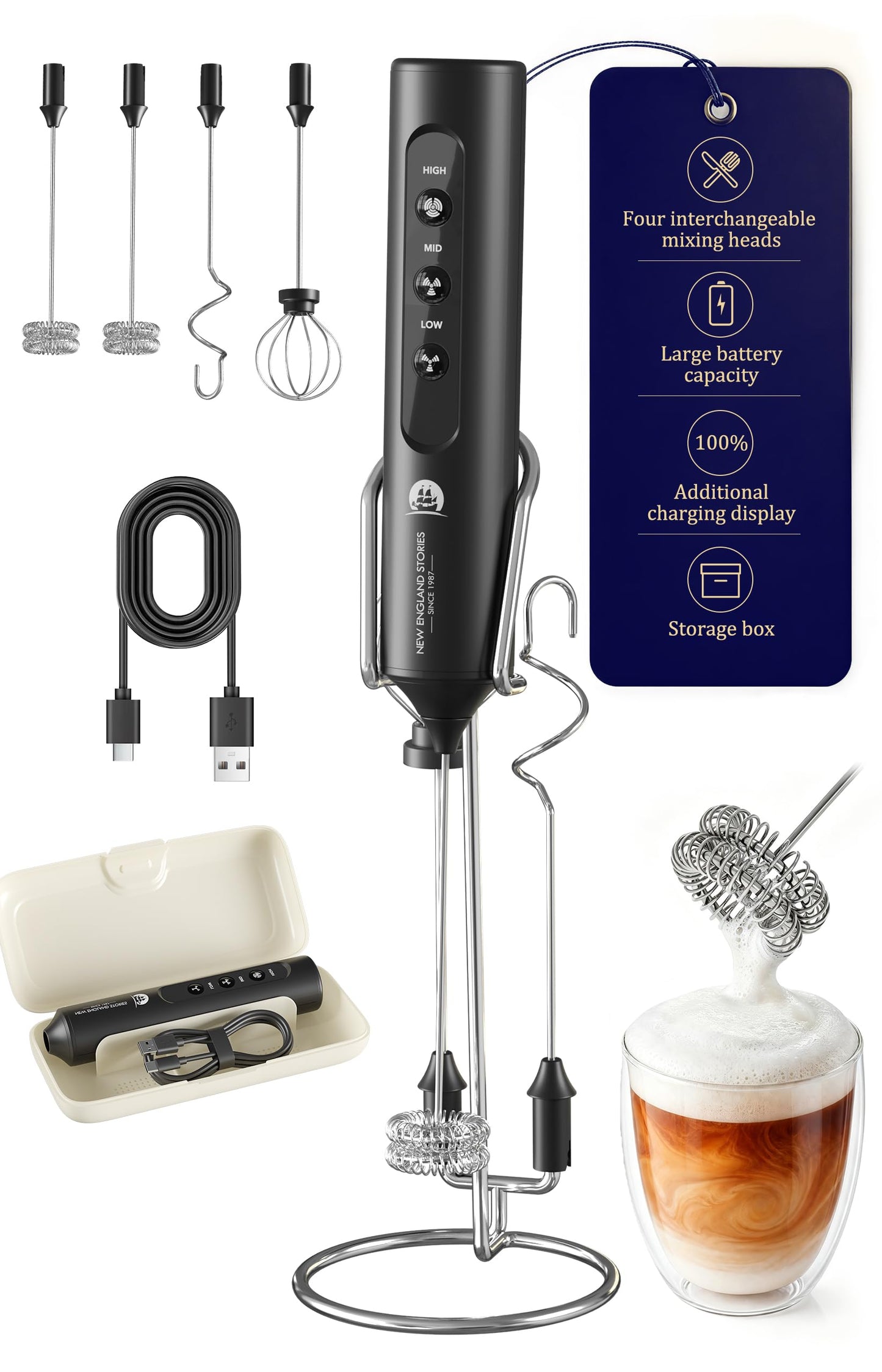 Rechargeable Milk Frother with Stand, 4 Interchangeable Whisks & Travel Case – Handheld Mixer for