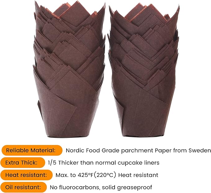 Nordic Paper 200pcs Brown Tulip Cupcake Liners for Baking Cups, Standard Size, EU Parchment paper